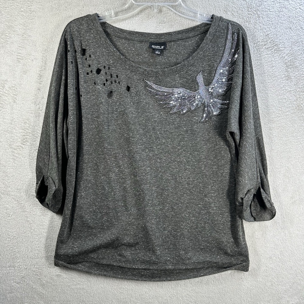 Allen B. by Allen Schwartz Distressed Knit Top Size L Sequin Bird Artsy Grunge